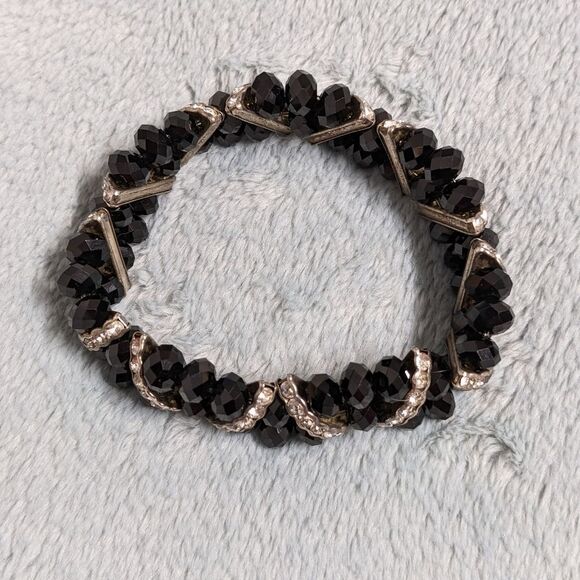 Vintage Black Crystal Bead Stretchy Bracelet with Rhinestone Accents - Picture 15 of 16